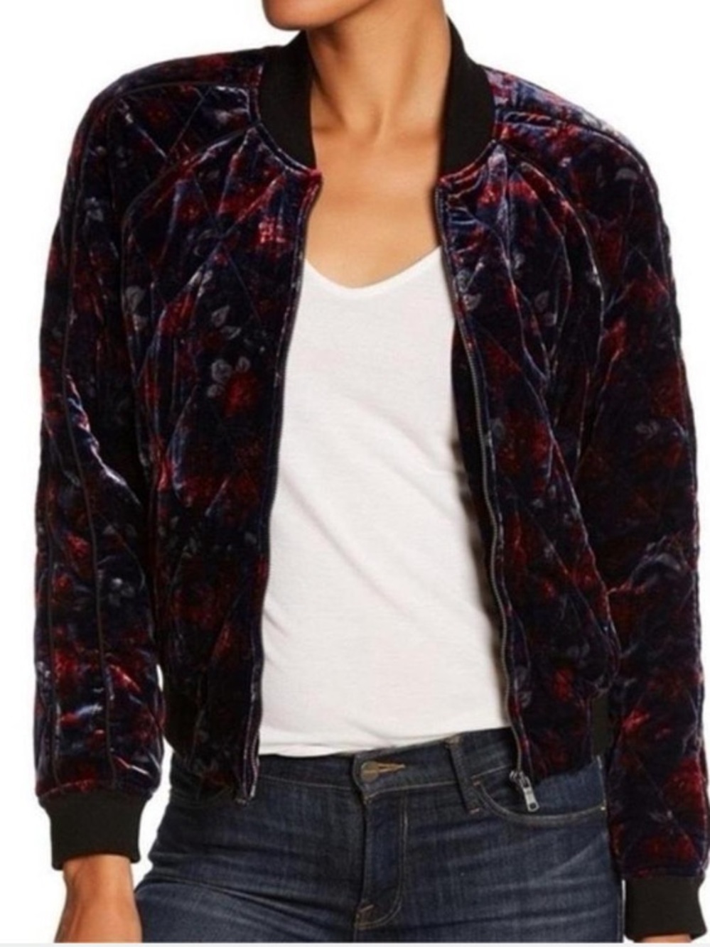 JOIE Mace Silk Blend Quilted Floral Print Velvet Bomber Jacket Dark Romantic XS